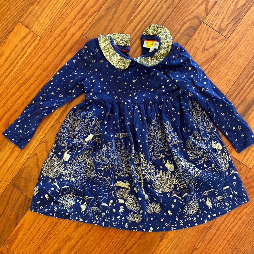 Mini Boden Woodland Gold Foil Navy Dress 3/4